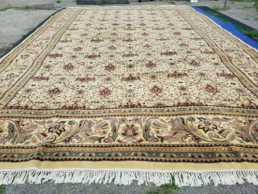 Vintage Indian Agra Hand Knotted Wool Rug 12x18 Organic Dyes Floral Pattern