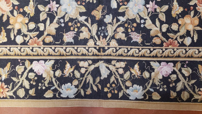 Vintage Needlepoint Rug 6x9 Butterflies Floral Design Wool Handcrafted