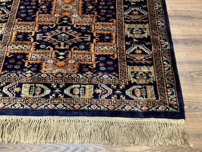 Vintage Afghan Rug 4x6, Navy Blue and Light Brown, Geometric Medallions, Wool on Wool, Tribal Rug