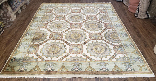 Indo Sultanabad Area Rug 8 x 9.5, Wool Hand-Knotted Ivory Green Teal Decorative Rug, Floral Panel Carpet, Indian Rug, 8 x 10 Bedroom Rug