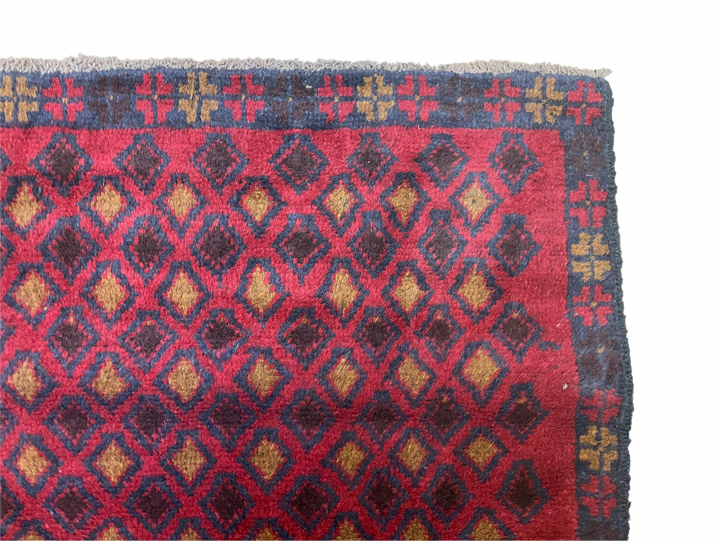 Vintage Handmade Balouch Afghan Wool Rug 3x5 Hand Knotted Red Blue Diamond