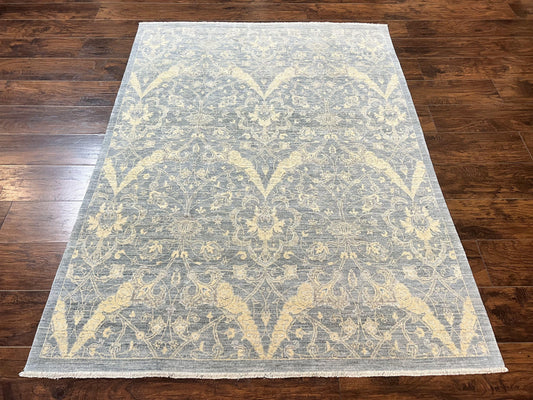 Contemporary Pakistani Rug 5 x 6.6, Handmade Floral Wool Rug, Spanish Pattern