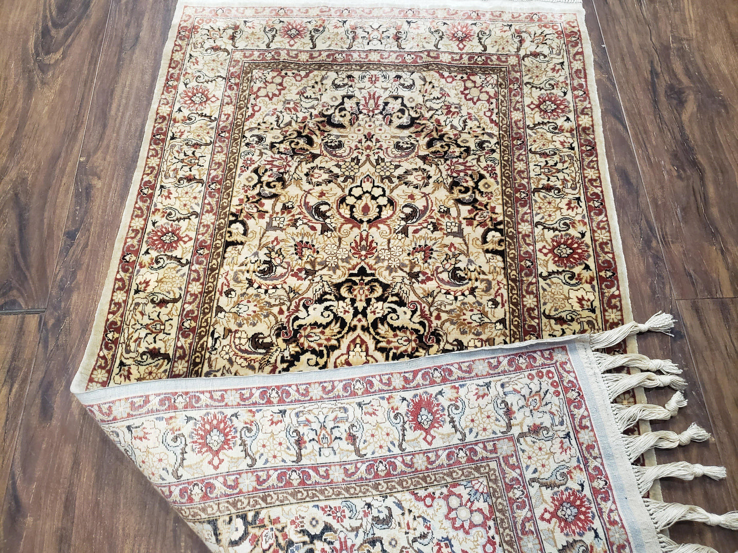 Silk Oriental Rug 1' 7" x 3', Very Fine Silk Carpet, Small Silk Rug, Traditional Floral Medallion, Hand-Knotted Cream Beige Vintage Silk Rug
