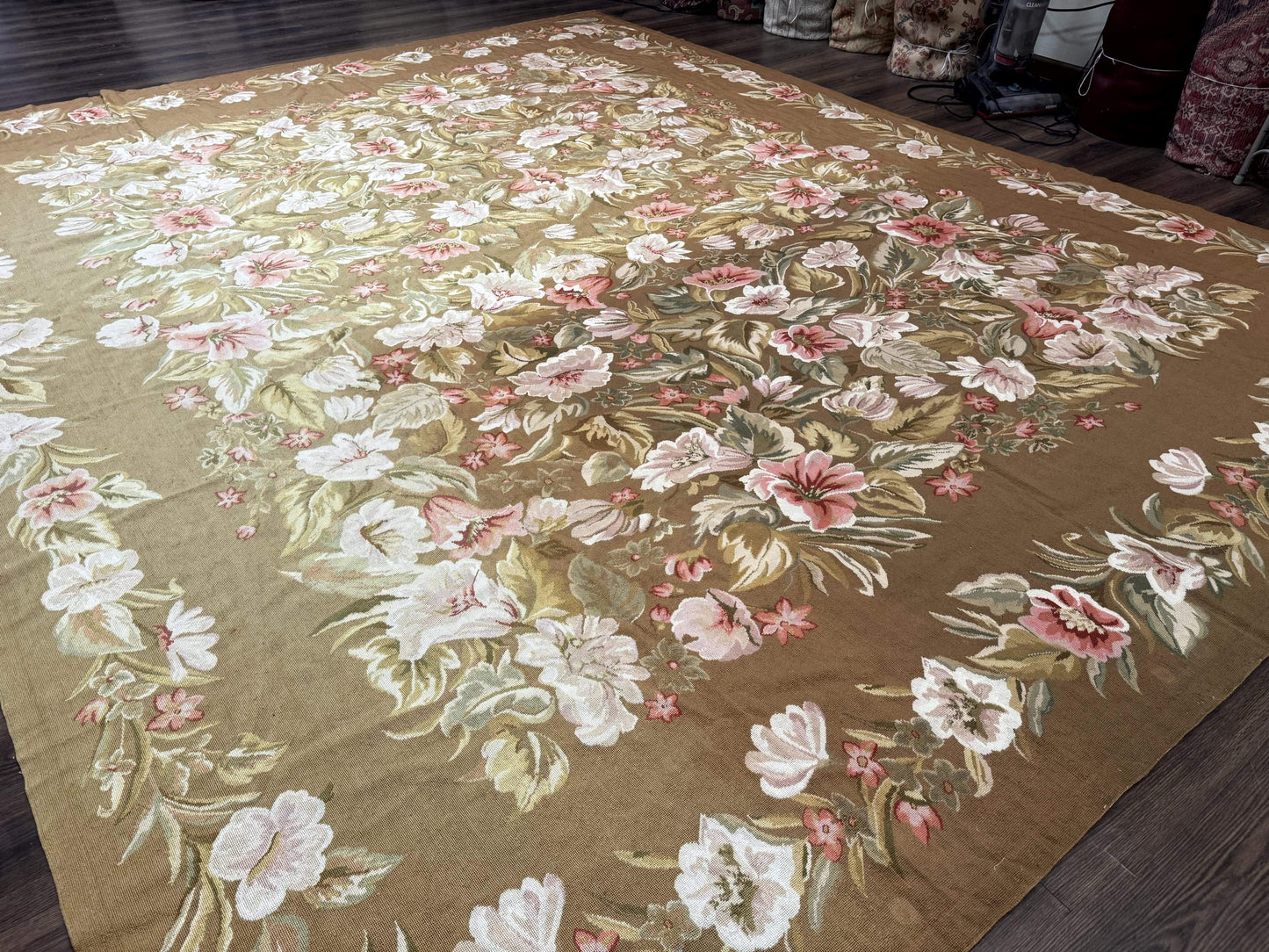 Large Needlepoint Rug 11x14, Vintage Floral Wool Carpet, Caramel