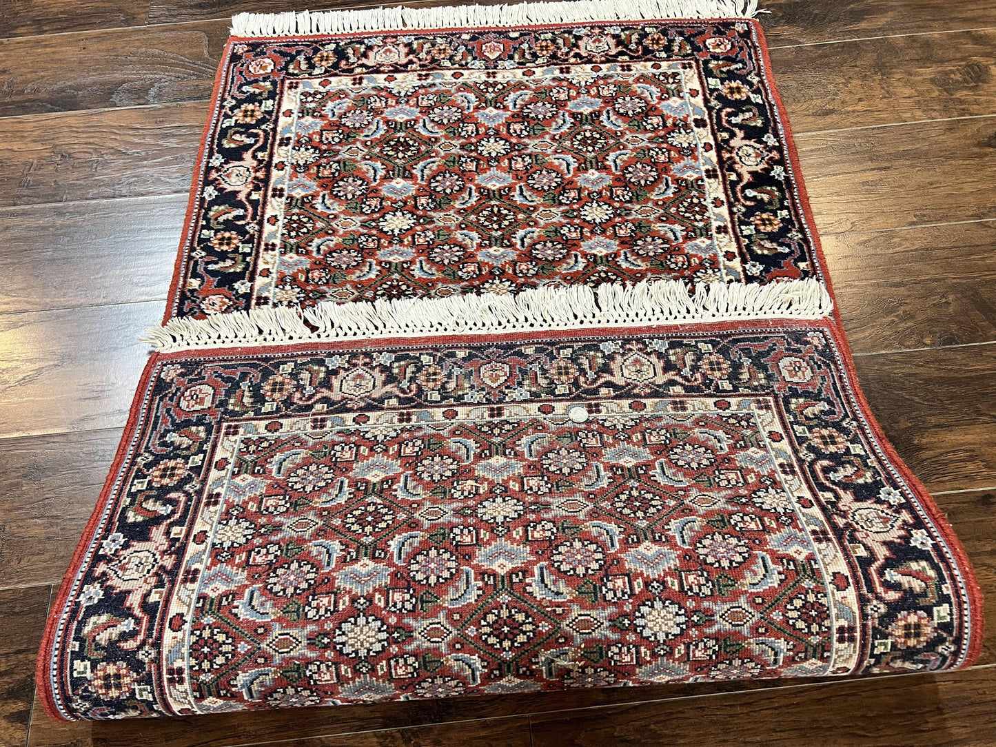 Indo Persian Rug 3x5, Red and Navy Blue, Wool Vintage Handmade Small Carpet 3 x 5 ft, Herati Pattern, Bidjar Rug