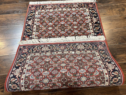 Indo Persian Rug 3x5, Red and Navy Blue, Wool Vintage Handmade Small Carpet 3 x 5 ft, Herati Pattern, Bidjar Rug