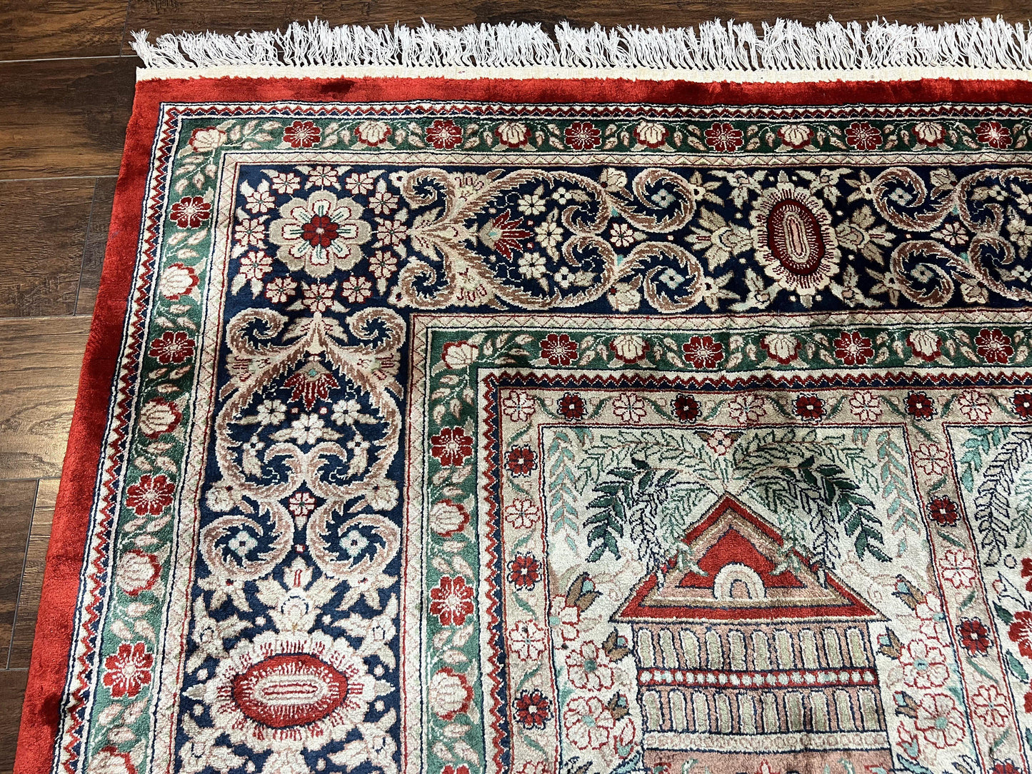 Silk Sino Persian Rug 9x12, Panel Design, Garden of Eden Pattern, Fine 200 KPSI, Hand Knotted Room Sized Silk Carpet, Vintage