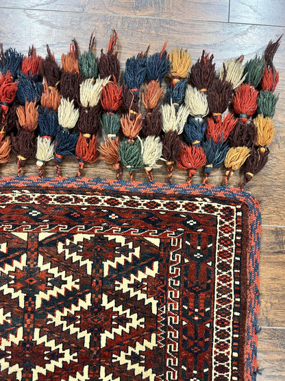 Antique Turkoman Camel Trapping Rug Hand Knotted Asmalyk Red Black Ivory