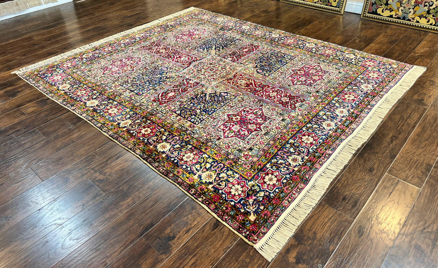 Persian Kirman Lavar Rug 8x9, Antique Persian Carpet, Colorful Multicolor 1920s Handmade Wool Rug, Garden Panel Design, Fine 200 KPSI
