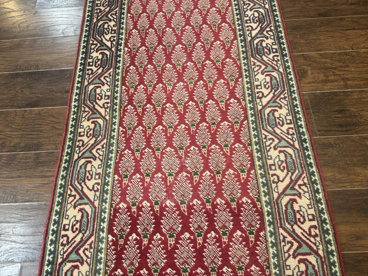 Persian Tabriz Runner Rug 3x16, Paisley Boteh Design, Red and Cream, Rug for Hallway, 16ft Wool Runner