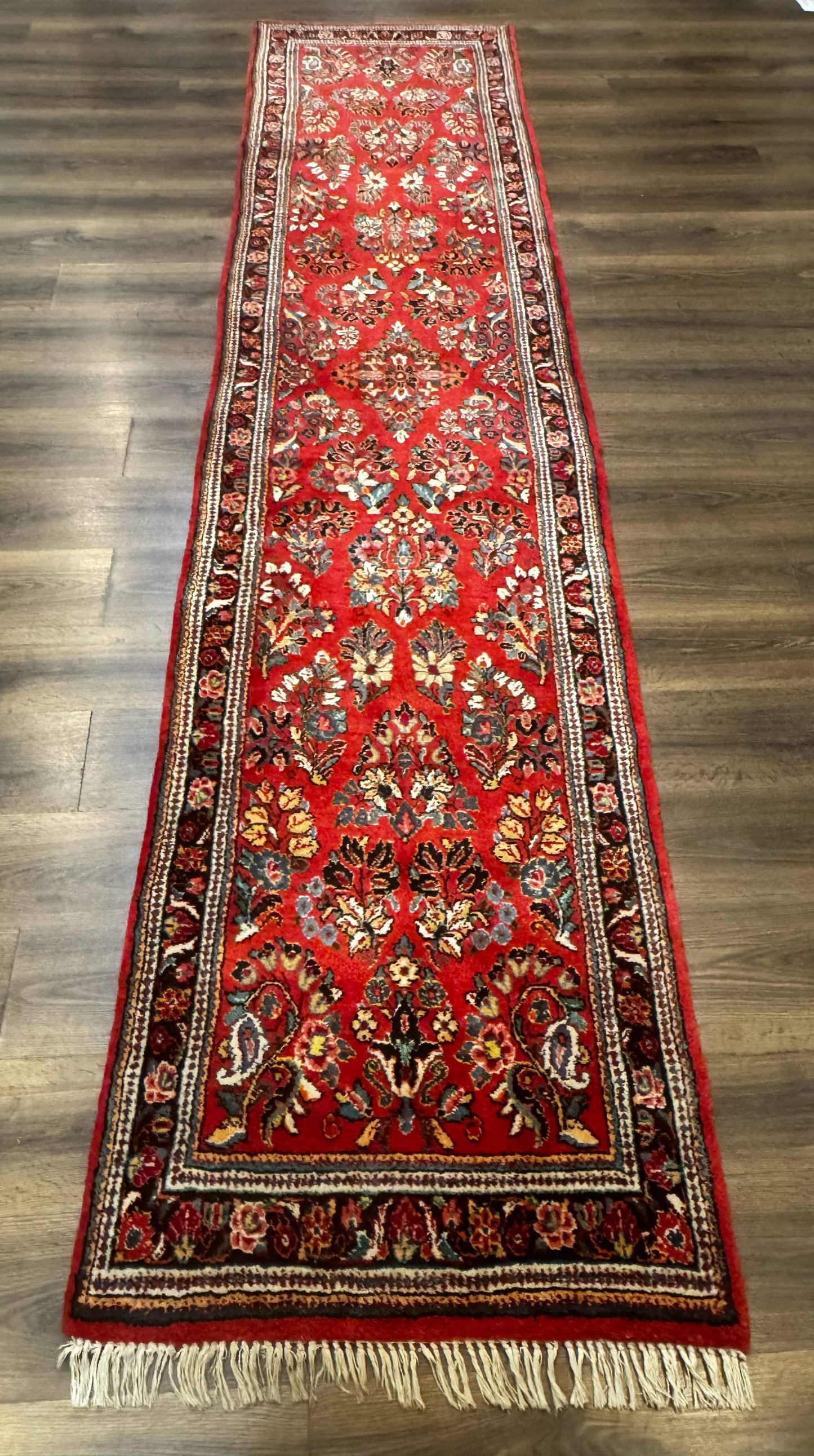 Persian Sarouk Runner Rug 3x12, Red Floral 3 x 12ft Runner, Vintage, Wool