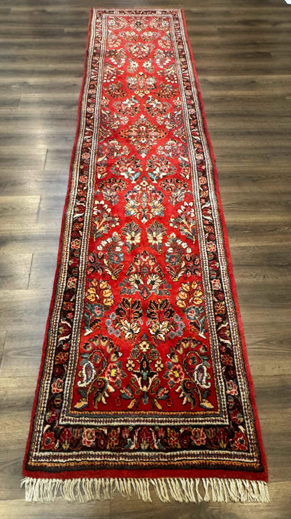 Persian Sarouk Runner Rug 3x12, Red Floral 3 x 12ft Runner, Vintage, Wool