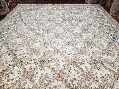 Pak Persian Floral Rug 11 x 12.6, Ivory, Very Fine, Hand Knotted