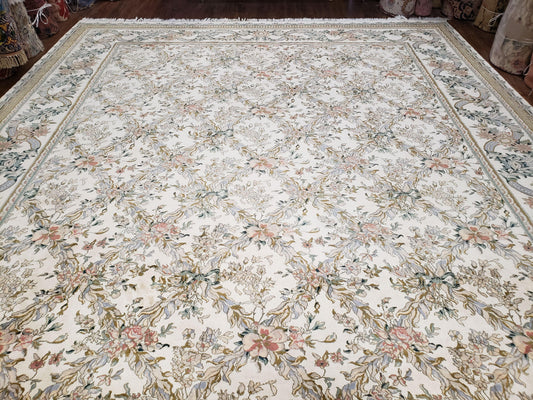 Pak Persian Floral Rug 11 x 12.6, Ivory, Very Fine, Hand Knotted