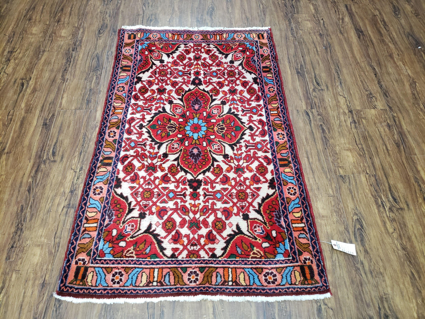 Handmade Floral Wool Rug Turkish Vintage 3 Ft 2 In By 5 Ft 1 In Red Beige Ivory