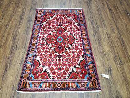 Handmade Floral Wool Rug Turkish Vintage 3 Ft 2 In By 5 Ft 1 In Red Beige Ivory