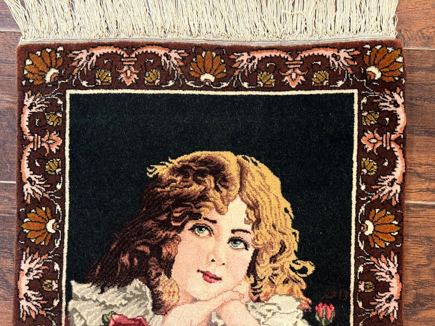Persian Pictorial Rug Small Tabriz With Roses Portrait Of A Young Lady Handmade Wall Hanging