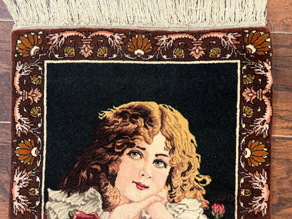 Persian Pictorial Rug Small Tabriz With Roses Portrait Of A Young Lady Handmade Wall Hanging