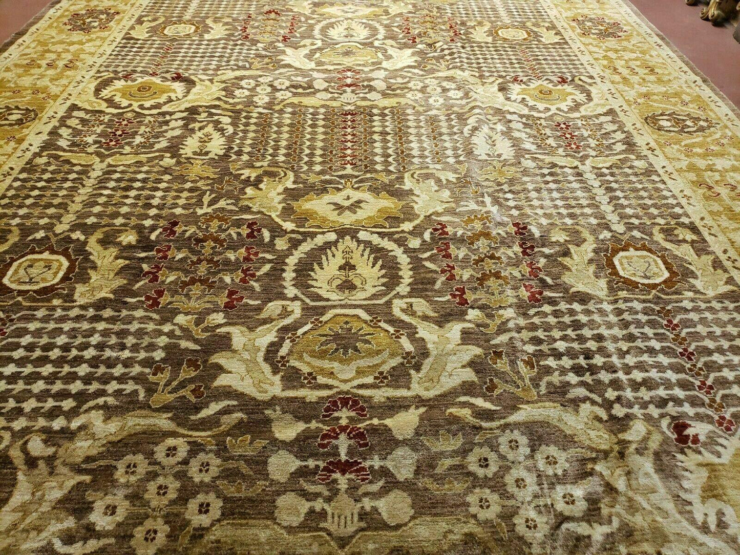 Pak Peshavar Chobi Agra Wool Carpet 10x14 Handmade Floral Pattern Rug Coffee Brown Gold