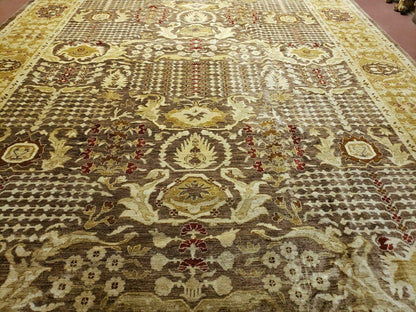 Pak Peshavar Chobi Agra Wool Carpet 10x14 Handmade Floral Pattern Rug Coffee Brown Gold