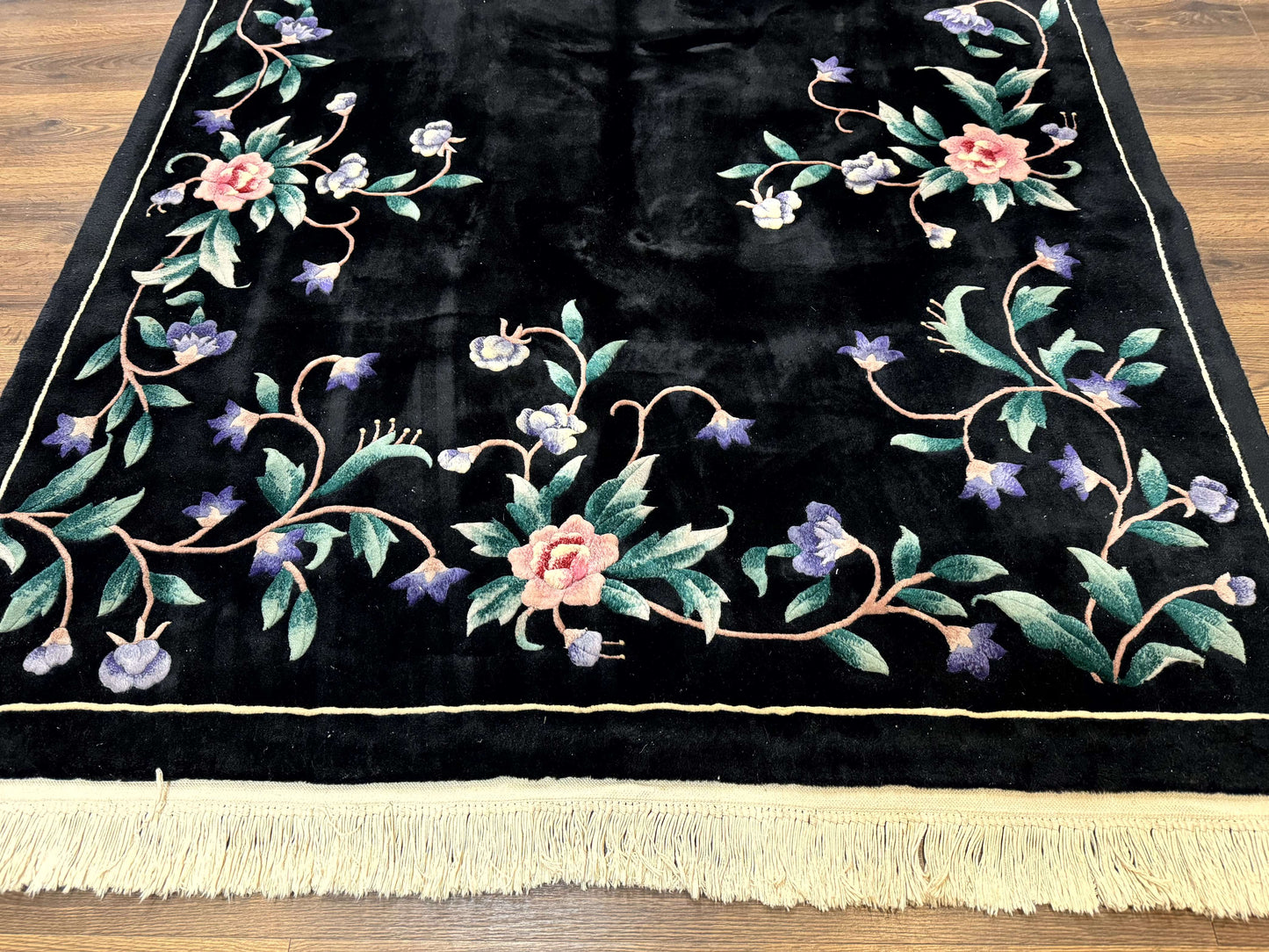 Chinese Wool Rug 6x9 Vintage Black Floral Minimal Design Art Deco Handmade Hand Knotted