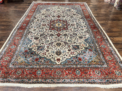 Persian Sarouk Rug 8x12 Hand Knotted Wool Antique Carpet With Cream Red Floral Medallion