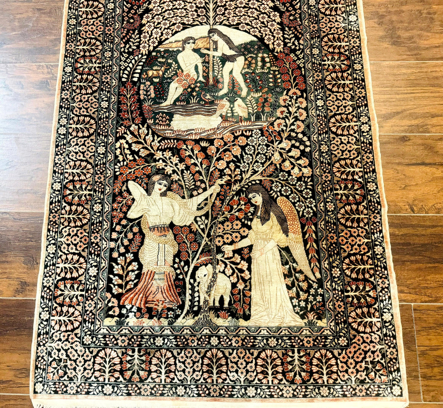 Stunning Sino Persian Pictorial Rug 2.7 x 4, Garden of Eden Adam & Eve Tree of Life Design, Extremely Fine 580 KPSI, Masterpiece