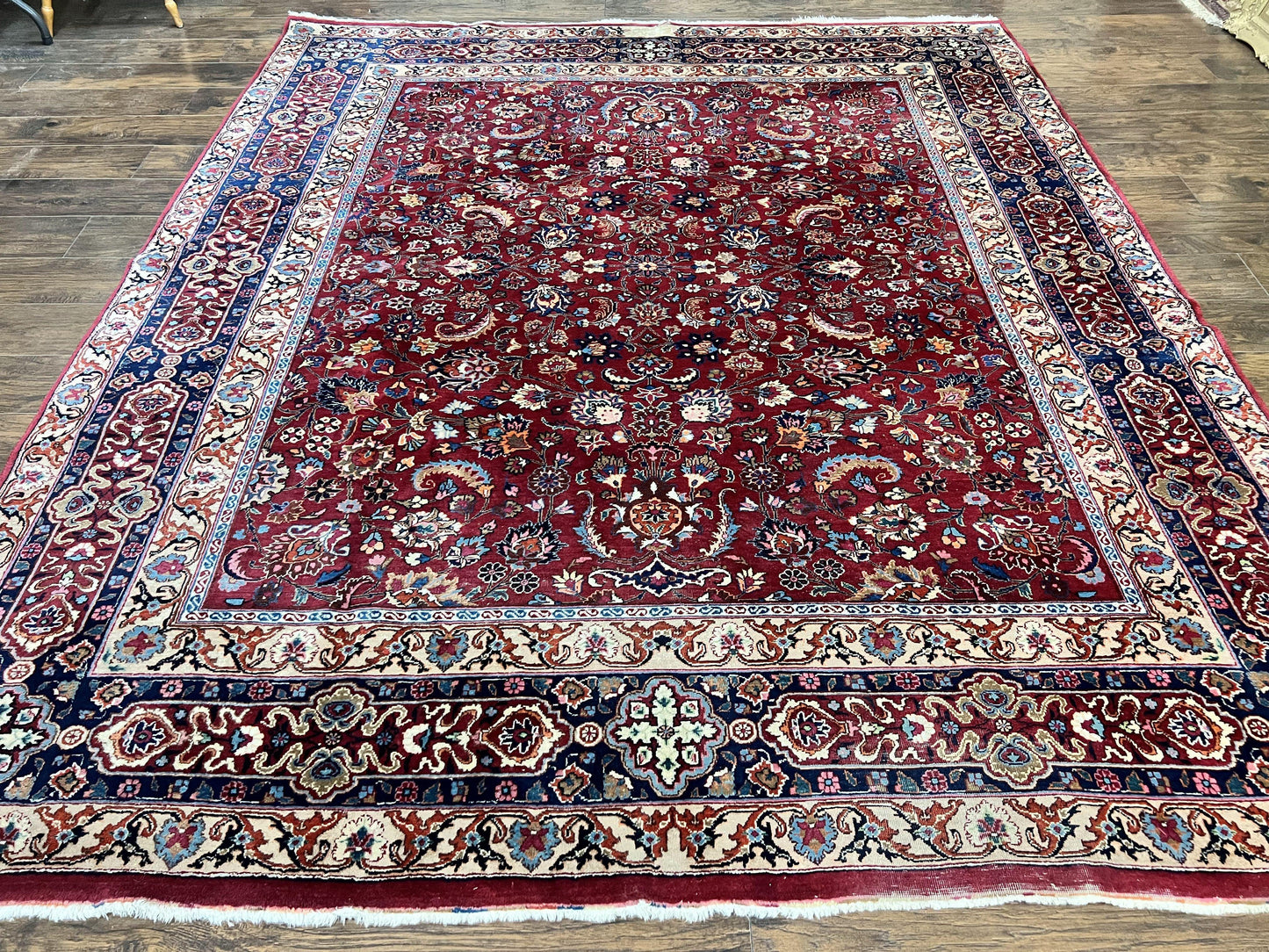 Signed Persian Mashad Rug 8x10, Wool Oriental Carpet, Semi Antique Rug, Hand Knotted, Traditional, Red, Floral Allover,