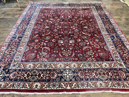 Signed Persian Mashad Rug 8x10, Wool Oriental Carpet, Semi Antique Rug, Hand Knotted, Traditional, Red, Floral Allover,