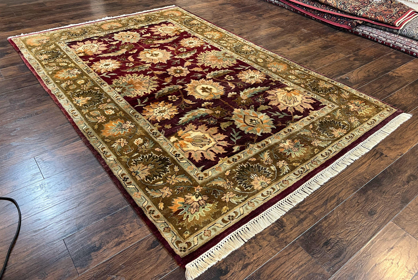Indo Mahal Rug 6x9, Large Flowers Allover, Maroon and Green, Handmade Wool Area Rug, Vintage Rug, Indian Oriental Carpet, Hand Knotted Rug
