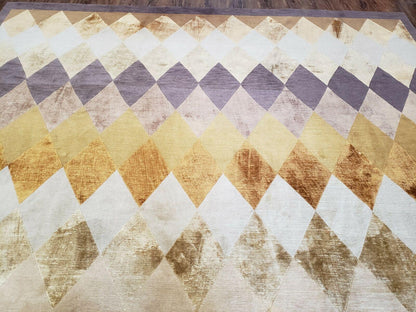 Hand Knotted Tibetan Rug 8.6 x 11 Wool and Silk Multicolor Diamond Panel Design