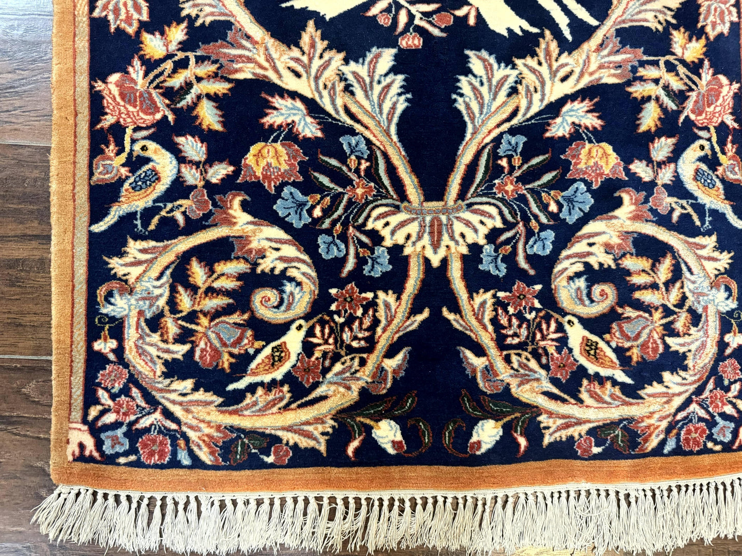 Persian Isfahan Rug 2x4, Birds, Navy Blue, Kork Wool on Silk Foundation, 460 KPSI