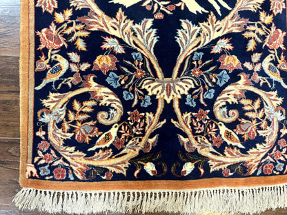 Persian Isfahan Rug 2x4, Birds, Navy Blue, Kork Wool on Silk Foundation, 460 KPSI