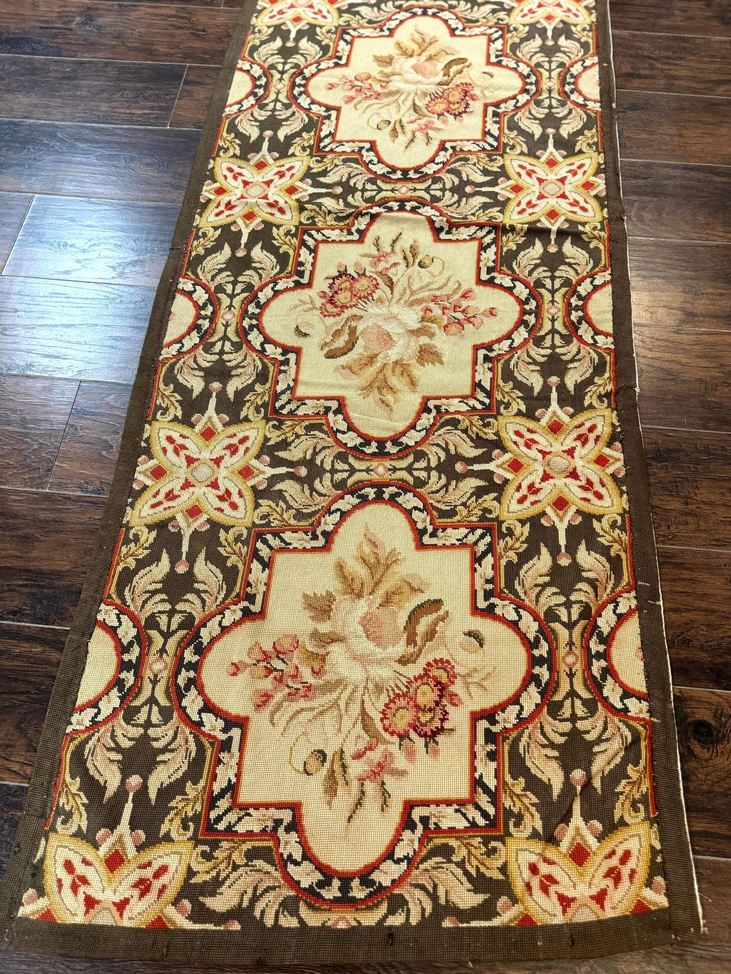 Needlepoint Runner Rug 2.7 x 9.7, European French Design, Wool, Handmade, Vintage