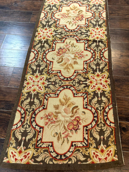 Needlepoint Runner Rug 2.7 x 9.7, European French Design, Wool, Handmade, Vintage
