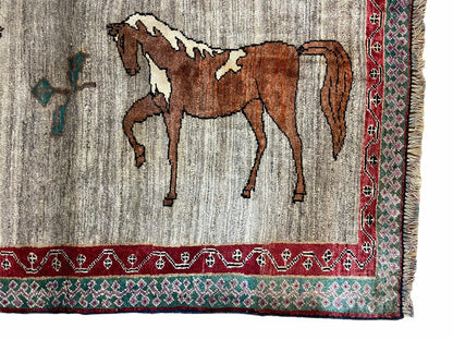 Handmade Wool Rug 4x6 Vintage Zagros Horses Pictorial Area Rug