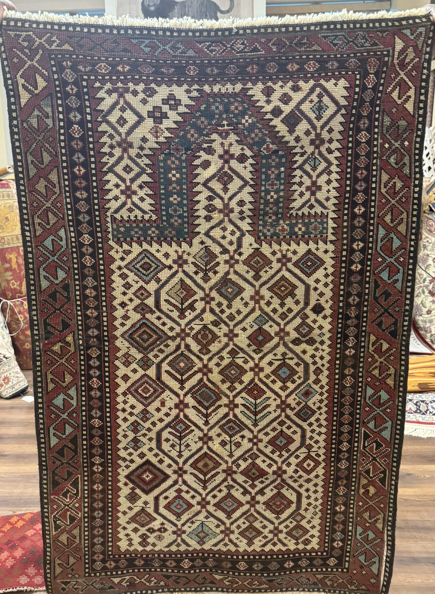 Antique Caucasian Shirvan Rug 3x5 Dagestan Prayer Rug Collectible Early 20th Century