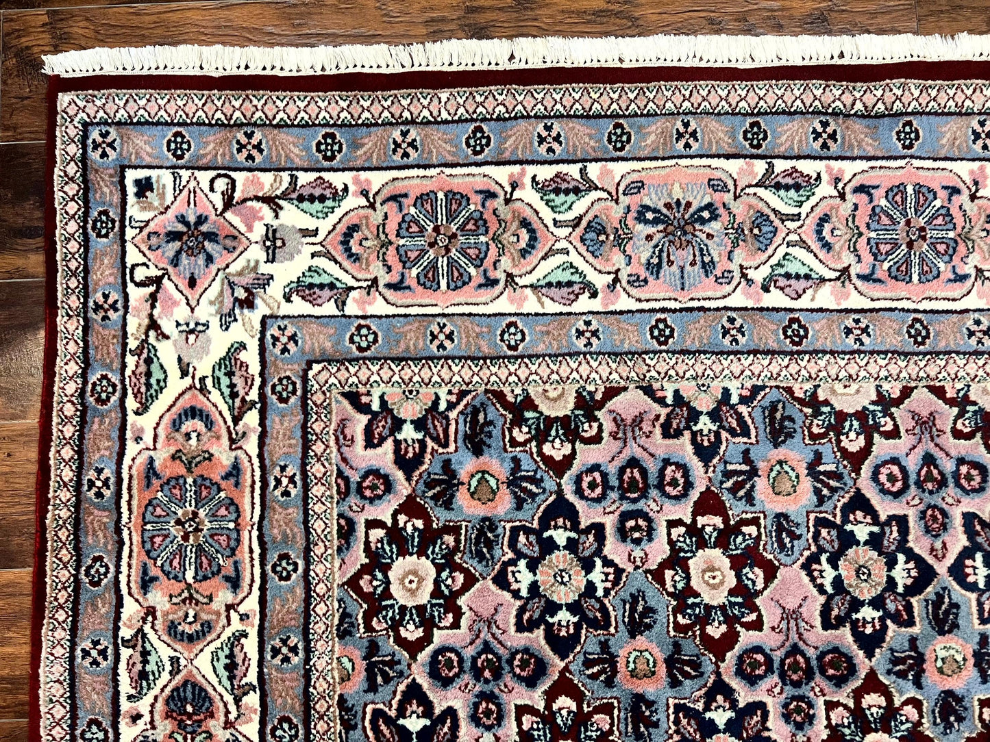 Indo Persian Rug 8x10, Repeated Allover Pattern, Navy Blue Ivory, Handmade Vintage Wool Carpet