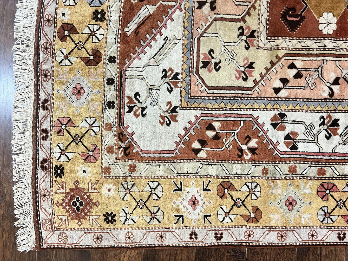 Turkish Hand Knotted Wool Rug 7x10 Vintage Kazak Geometric Pattern