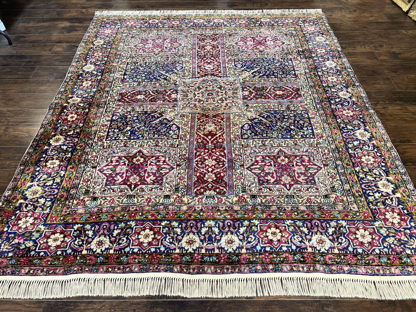 Persian Kirman Lavar Rug 8x9, Antique Persian Carpet, Colorful Multicolor 1920s Handmade Wool Rug, Garden Panel Design, Fine 200 KPSI