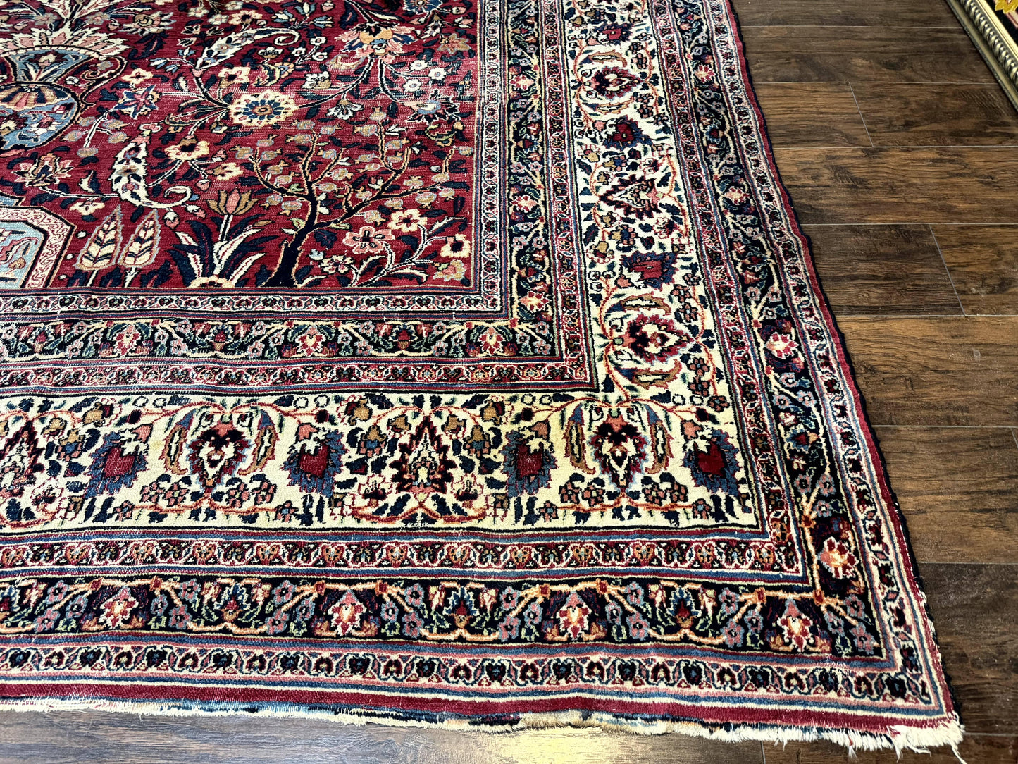 Antique Persian Mashad Rug 10x12 Hand Knotted Signed By Master Weaver Red Ivory Wool