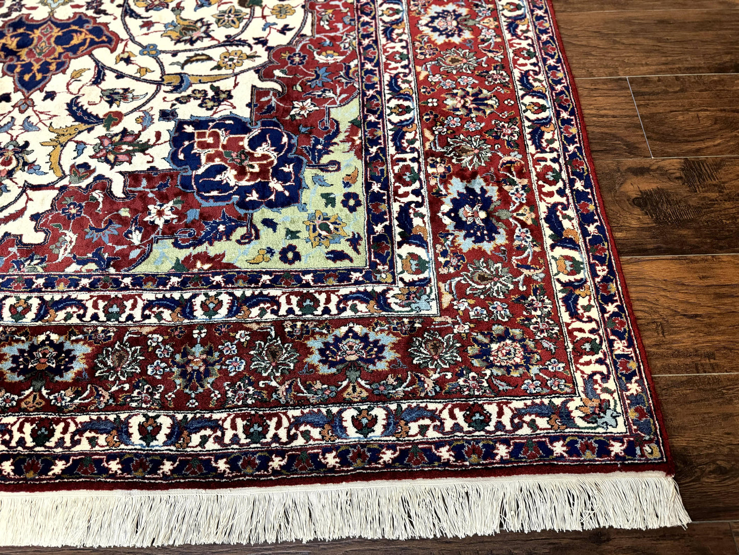 Wonderful Persian Isfahan Rug 7x9, Ivory Navy Blue Red, Floral Medallion, Very Finely Hand Knotted 260 KPSI, Handmade Wool Vintage Rug
