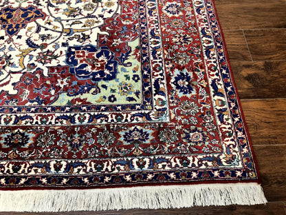 Wonderful Persian Isfahan Rug 7x9, Ivory Navy Blue Red, Floral Medallion, Very Finely Hand Knotted 260 KPSI, Handmade Wool Vintage Rug