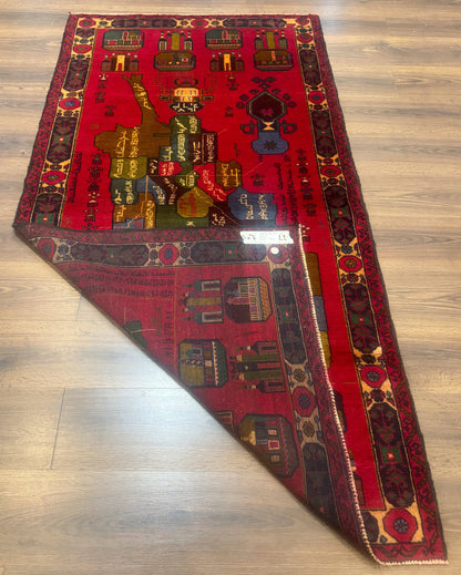 Red Afghan Balouch Rug 3x7, Tribal, Map of Afghanistan Depiction, Handmade, New