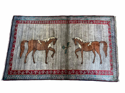 Handmade Wool Rug 4x6 Vintage Zagros Horses Pictorial Area Rug