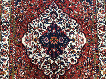 Semi Antique Persian Bakhtiari Rug, Hand-Knotted, Wool, Red, Midnight Blue, Ivory, Floral Medallion, 5'1" x 8' 6"