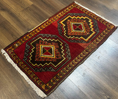 Turkish Yastik Rug 2x3 Antique Red Wool With Double Medallions Geometric Design
