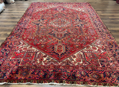 Persian Heriz Rug 7x10, Geometric Pattern, Red Ivory Navy Blue