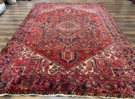 Persian Heriz Rug 7x10, Geometric Pattern, Red Ivory Navy Blue