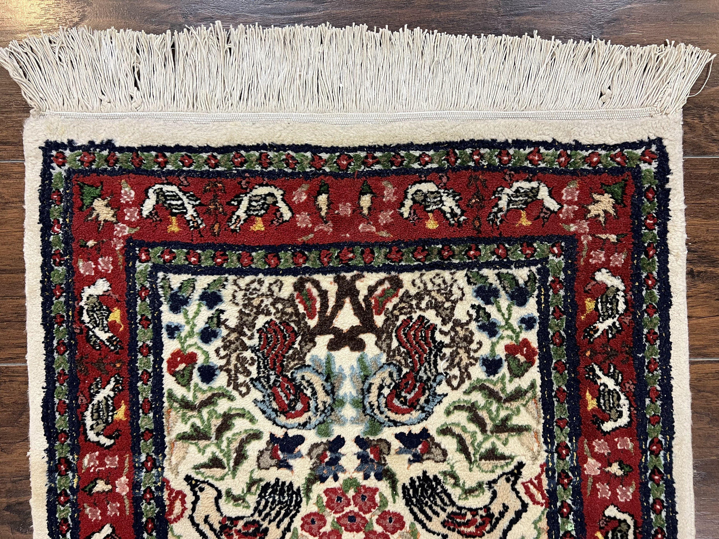 Small Indo Persian Rug 2x3 ft, Wool with Silk Highlights, Animal Pictorial Motifs Birds Vase Flowers, Cream and Maroon, Hand Knotted Fine